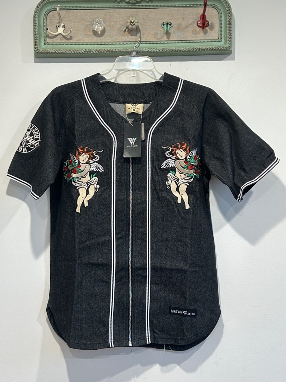Watson Cherub Embroidered Black denim zip up Baseball Jersey men’s small new top